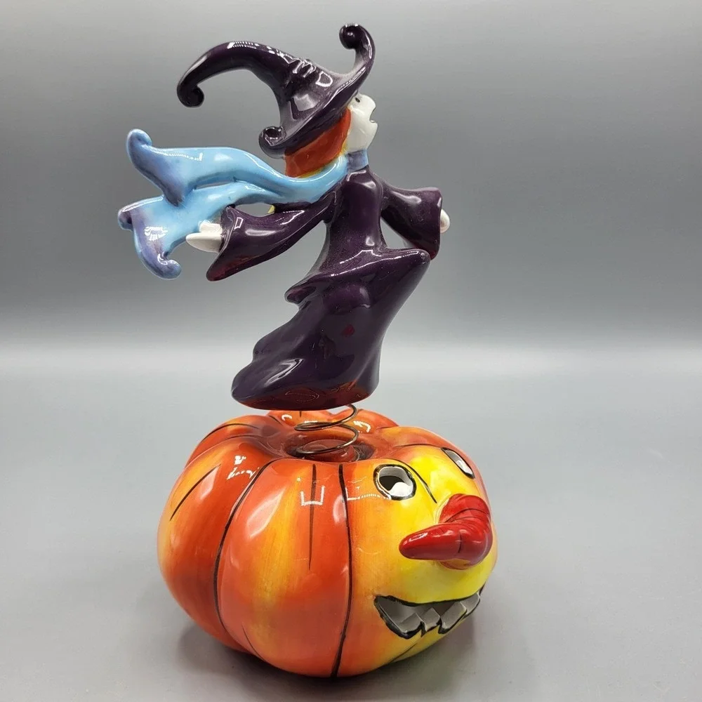 Apple's Halloween Witch on Pumpkin Bobble Figurine Decor 7.5in Purple Orange